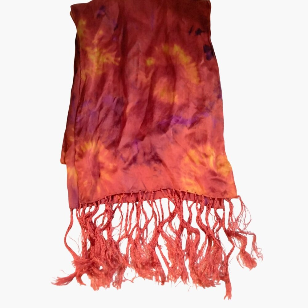 Vibrant Red Scarf Handcrafted Tie Dye Fringe Boho Festival Sunset